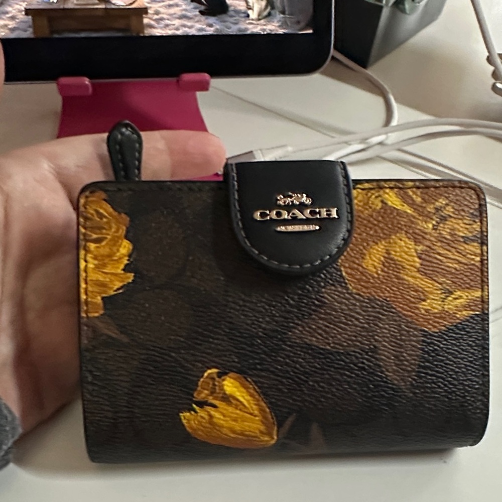 COACH Brown Leather Wallet with Yellow Floral Print